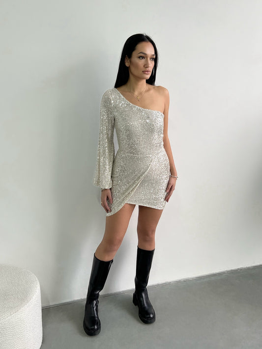 SEQUIN DRESS ONESLEEVE CHAMPAGNE
